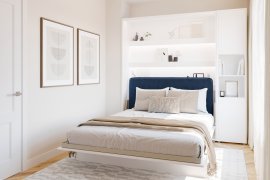 Set: Bett-im-Schrank BC-12, Kopfteil BC-17, 1x LED, Schränke BC-08, Matratze – 160x200 cm – Weiß/Blau