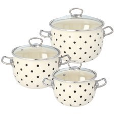Set aus 3 emaillierten Töpfen mit Deckel aus Glas, 2,5 l, 3,5 l und 5 l, weiß mit Punkten *3646