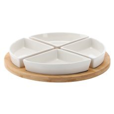 Servierset für Vorspeisen – 4 Porzellanschälchen mit rundem Bambustablett 30x4 cm *7286