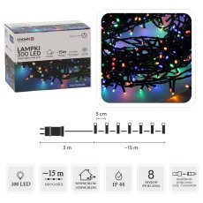 LED-Lichterkette, 300 bunte LEDs, Länge 3 + 15 m, für innen und außen *9522