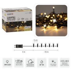 LED-Lichterkette 300 Leuchten, warmweiß mit kühlem Blitz, Länge 3 + 15 m, für Innen- und Außenbereich *9539