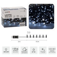 LED-Lichterkette mit 300 kaltweißen LEDs + kaltweißem Blinkeffekt, Länge 3 + 15 m, für innen und außen *9546