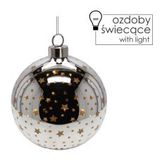 Festliche Glas-LED-Kugel Ø 10 cm, silberfarben mit Sternmotiven, Set = 6 Stk. *2782