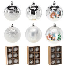 Chomik - Set aus 6 silbernen Christbaumkugeln, 8 cm, mit verschiedenen Mustern *5812
