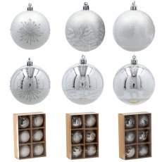 Chomik - Set aus 6 silbernen Christbaumkugeln, 8 cm, mit verschiedenen Mustern *5812
