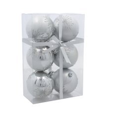 Chomik - Set aus 6 silbernen Christbaumkugeln, 8 cm, mit verschiedenen Mustern *5812
