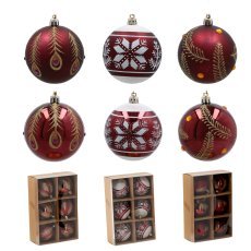 Chomik - Set aus 6 burgunderroten Christbaumkugeln, 8 cm, mit verschiedenen Mustern *5843