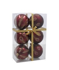 Chomik - Set aus 6 burgunderroten Christbaumkugeln, 8 cm, mit verschiedenen Mustern *5843