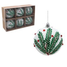 Chomik - Komplettset mit 6 Weihnachtsanhängern – weiß mit Zweigen, Ø 8 cm *7304