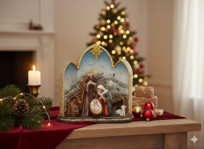 Chomik - Weihnachtsfigur – Heilige Familie in der Krippe mit LED-Stern – GOT6867