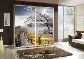 Kleiderschrank mit Schiebetüren mit Grafik Treppen Penelopa 205 cm - Eiche Riviera