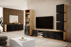 Wohnzimmer und Schlafzimmer auf Sockel Asha - schwarz/Eiche Artisan