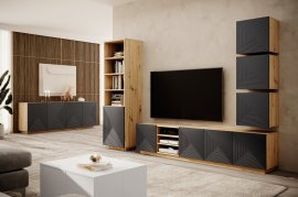 Wohnzimmer und Schlafzimmer auf Sockel Asha - Flussstein/Eiche Artisan
