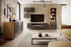 Wand-Wohnzimmer und Schlafzimmer Asha - Flussstein/Eiche Artisan