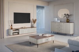 Wohnwand und Schlafzimmer Vesper - Kaschmir/Nussbaum, schwarze Griffe