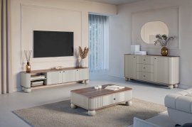 Wohnzimmer und Schlafzimmer Vesper - Kaschmir/Nussbaum, auf runden Beinen, schwarze Griffe