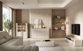 Wohn- und Schlafzimmer Amilio – Kaschmir / geölte Eiche / Griffe in heller Eiche